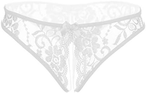 Women Sexy Floral Lace Briefs with Cute Bow Center, White, Medium