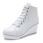 Hurriman Wedge Sneakers for Women, High Heel Platform High Top Canvas Shoes Lace up Zipper Fashion Sneakers, Tenis Zapatos de Cuña Plataforma Tacón para Mujer White