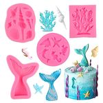 PEAKTOP 4PCS Mermaid Silicone Mould 3D, Marine Themed Fondant Moulds, DIY Sea Animal Silicone Molds, Large Mermaid Tail Mould, Reusable Ocean Seashell Baking Mold for Cake Chocolate Candy