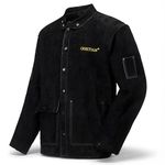 ONETIAN Leather Welding Jacket Black;Heavy Duty Safety Jacket;Heat and Flame Resistant, Black,red, Medium