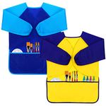 CUBACO Kids Painting Apron, 2pcs Waterproof Art Smocks For Child 3-8 Years, Kids Smocks for Painting Aprons with Long Sleeve, Blue&yellow, 中号