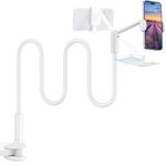 SAIJI Gooseneck Phone Holder for Bed, 360° Rotate Support Rod One-Hand Adjustable Cell Phone Holder, Flexible Long Arm Headboard Clip Clamp Cell Phone Stand, Compatible with All 4.7-7" Devices(White)