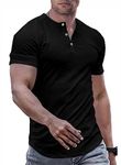 JMIERR Men's Casual Plain Short Sleeve T-Shirt Workout Muscle Slim Fit Button Henleys Shirts Hawaiian Button Down Shirt Summer Crewneck Longline Fitted Rock Beach Tees for Men,CA 43(L),0 Black