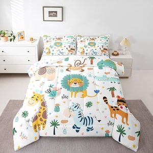 Feelyou Cartoon Jungle Animals Bedding Set Full Size Kids Safari Zoo Animals Comforter Sets Lion Tiger Monkey Giraffe Quilt for Boys Girls Teens Child Toddler Bed Set 1 Comforter 2 Pillowcases