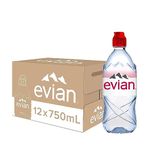 Evian Mineral Water, Naturally Filtered Drinking Water, 750ml Bottled Water Crafted by Nature, Case of 12 x 750ml Sports Cap Water Bottles