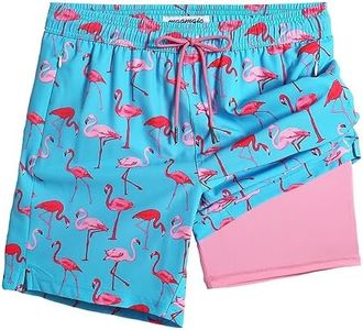 MaaMgic 7" Mens Swim Shorts with Compression Liner 4-Way Stretch Bathing Suit Swimming Shorts with Pockets,Hawaiian Flamingo,S