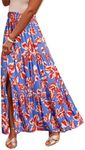 Happy Sailed Maxi Skirts for Women Spring Summer Bohemian Floral Print Split A line Swing Long Skirt with Pockets Blue Small