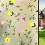 MOCOCO Spanish Pink and Mellow Yellow Flowers Privacy Window Film Frosting Film Window Sticker Frosted Vinyl Sheets for Front Door Bathroom Sidelight Small Windows (12x25 Inch)