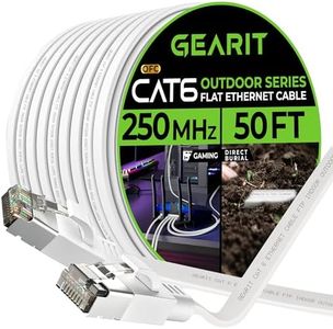 GearIT Cat 6 Outdoor Flat Ethernet Cable (50ft, White) Direct Burial Rated LLDPE Jacket - Indoor Cat6 Shielded FTP 10Gbps High Speed Gaming Computer Network RJ45 Snagless Patch Cord Internet