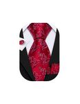 Barry.Wang Red Christmas Man Ties Set Festival Xmas Trees Pattern Necktie Silk Handkerchief Cufflinks Party