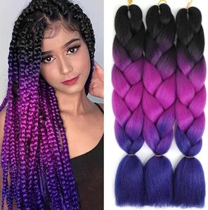 FANWYFYU Braiding Hair Extension 24 Inch 3 Packs Synthetic Profession Jumbo Braid in Hair Extensions Crochet Hair Extensions for Braiding (Black-Purple-Blue) ﻿