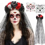 HOWAF Halloween Day of the Dead Headband Veil Rose Floral Crown Mexican Headwear Halloween Face Tattoos Day of The Dead Temporary Tattoo Sugar Skull for Women Halloween Fancy Dress Costume Accessory