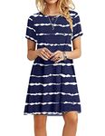 MOLERANI Sun Dresses for Women UK Casual T-Shirt Dress Short Sleeve Ladies Beach Dress (L, Navy Wavy Striped)