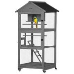 PawHut Bird Cage budgie cage Wooden Outdoor Aviary with Wheels for Canary Finch with Asphalt Roof Perch Nest Ladder Slide-out Tray, Grey