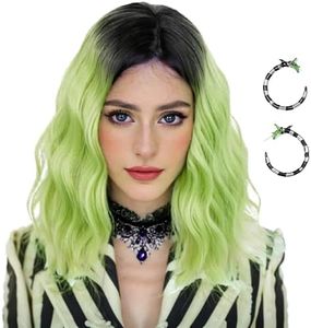 14'' Short Ombre Green Wig Women + Earrings Accessories, Shoulder Length Wavy Green Bob Wig St.Patrick's Day Wig + Wig Cap for Halloween Costume Party Cosplay