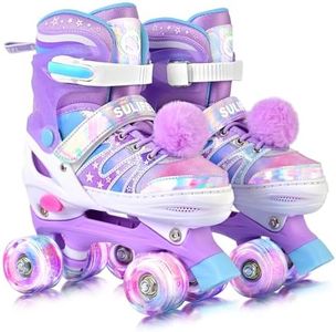 SULIFEEL Rainbow Tie-Dye Adjustable Roller Skates for Girls Kids Ages 3-5 5-8 6-12 Pink Purple Light Up Skate with Fluffy Pom Poms Triple Protection for Indoor Outdoor Skating