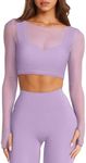 LASLULU Womens Long Sleeve Double Lined Tops Sexy Sheer Mesh Compression Shirts Tight Athletic Workout Shirts Yoga Dance Bra Tops Crop Tops for Teens(Violet Medium)