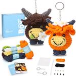 CROCHET BOX Crochet Kit for Beginners - 2 PCS Highland Cow Keychain Crochet Kit, Learn to Crochet, Include Easy Knitting Yarn, Step-by-Step Video Tutorial, Hook, Holiday Birthday Gift for Adults