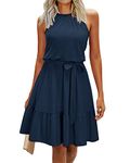 Newshows Women's Summer Dresses Women Trendy 2024 Halter Solid Dresses Casual Sleeveless Ruffle Sundress with Pockets(Navy, Medium)