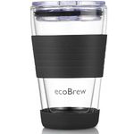 ecoBrew Glass Reusable Coffee Cups | Double Walled Insulated Cup for Hot and Cold Drinks | 12oz / 345ml Eco-Friendly Travel Coffee Mug with Secure Silicone Lid | Black