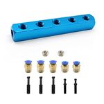 SRJQXH 1/4" Air Manifold, 5 Way 8 Ports Air Hose Manifold Block with 3 Pcs 8mm and 2 Pcs 6mm Pneumatic Connectors, 2 Pcs Grub Screws and 5 pcs Pipe Stopper, Can be Used for Pneumatic Tool