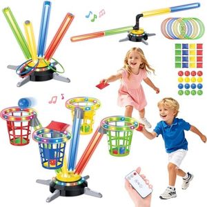 Bean Bag Ring Toss Game for Kids, 3-in-1 Rechargeable Musical Jumping Toy with LED Lights, Remote, Electric Spinning Base, Indoor/Outdoor Toys for Kids Ages 4-8, Backyard Sport Toy for Boys Girls