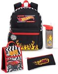 Hot Wheels Boys Backpack Set | Kids 4 Piece Black Rucksack Bundle with School Bag, Pencil Case, Lunch Bag & Water Bottle | Fire Finish Line Graphic Complete Matching Set | Back to School Gifts