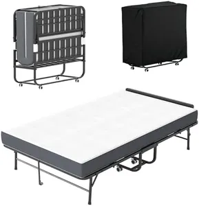 mysteeldepot Folding Bed with Mattress, 74"x 46" Roll Away Beds for Adult, Twin Size Portable Rollaway Bed with Headboard & Sturdy Metal Frame, Foldable Bed for Office Outdoor Camping