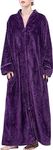 DSNOW Ladies Zip Fleece Waffle Long Dressing Gown Fluffy Towelling Bathrobe Sleepwear, Purple, XL