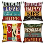 Freeas Pack of 4 Decorative Pillow Covers Love Life Pillowcases Solid Square Cushion Cover Cotton Linen Throw Pillow Covers Home Decor for Sofa Car Bedroom 18x18 Inch