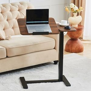 JYouHome Height Adjustable Overbed Table with Tilting Top, Standing Desk Hospital Bed Table Bedside Sofa Side Table, 16" D x 28" W Right Hand Movable Overbed Table with Hidden Wheels, Walnut Brown
