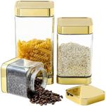 BETTWILL Glass Storage Jars-Large Kitchen Glass Canisters with Airtight Lids -Coffee Pasta Sugar Tea Snack Nuts Cookie Flour Food Container - Set of 3-Gold Color.