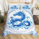 Chinese Loong Duvet Cover King Size,Blue White Comforter Cover with 2 Pillowcase for Teens Adults,Kids Dragon Bedding Set,Blue Ink Art Breathable 3 Pcs Decorative Bed Cover(No Comforter)