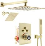 Digital Display Dual Head Shower system Rain Shower System Shower Wall Mount 10 Inch Ceiling Shower Head with 6 Inch Shower Head with shower handheld(Brushed Gold)