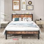 MOFLUT Double Bed Frame with Wooden Storage Headboard with USB Ports and Charging Station, Metal Wooden Bed Frame Double Bed No Box Spring Needed, Enhanced Support Leg, Black+Brown Oak