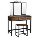 VASAGLE Dressing Table and Stool Set, Dressing Table with Triple Fold Mirror, 3 Drawers, Vanity Table with Steel Frame, Industrial Style, Rustic Brown and Black RVT02BX