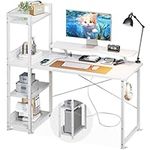 ODK Computer Desk with Storage Shelves and Monitor Stand, 40 Inch Writing Desk with Bookshelf & Power Outlets, Reversible Study Table for Home Office, Small Space Bedroom, White