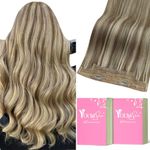 YoungSee Invisible Wire Hair Extensions Real Human Hair Highlight Fish Line Hair Extensions Highlights Light Brown with Platinum Blonde Wire Extensions Human Hair for Women 16Inch 80G