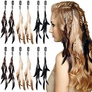 12 Pcs Feather Hair Clip Boho Hair Extensions with Feather Clip Comb Hippie DIY Accessories Hairpin Tribal Feather Braided Beads Headdress for Women (Classic, Brown, Black, Dark Coffee)