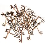 (Set of 30) Mixed Vintage Old Look Skeleton Keys Fancy Heart Bow Necklace Pendants (Copper)