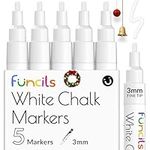 Funcils White Chalk Pens Fine Tip (5 Pack 3mm) - Chalkboard Pens, Liquid Chalk Pens Wipeable - Chalk Pens for Blackboards, Chalk Board Pen, Glass, Window Pens - White Chalk Markers, White Chalk Pen