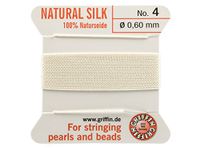 Griffin 100% Natural Silk Beading Cord String Thread - White - 2 metres with one Needle - Size 0.60mm