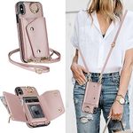 ELTEKER Compatible with iPhone XS Max Crossbody Case Lanyard Case with Card Holder, Wallet Case for Women with Strap Lanyard Ring Stand Leather Flip Cover Case for iPhone XS Max (6.5 inch) - Rose Gold