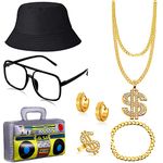 7 PCS 80s/90s Hip Hop Costume Kit, Cool Rapper Costume Outfits Accessories for 80s/90s Theme Party, Bucket Hat Sunglasses Dollar Sign Chain Ring Earring Inflatable Radio Chain Bracelet