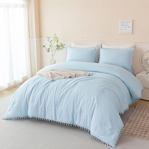 PERFEMET 5 Pieces Full Bed in A Bag Light Blue Pom Pom Bedding Set for Girls Boys Soft Fluffy Boho Solid Bedding Comforter Set with Sheets(Light Blue, Full)