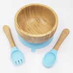 Kradyl Kroft Baby Kids Feeding Bamboo Silicone Bowl and Wooden Handle Spoon, Babies and Toddler Bowl & Spoon Set, Unbreakable Silicone Non-Slip Suction (Bamboo Sky)