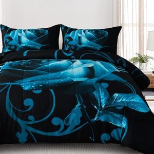 WONGS BEDDING Teal Blue Comforter Set King Reversible Teal Blue Rose Pattern Printed Bedding Comforter Set with 2 Pillowcases for All Season, Soft Microfiber Filling Bedding Set 103"x90"