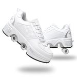 Roller Skate Shoes for Women Four Rounds Children's Roller Skates Shoes That Turn into Rollerskates Sneakers Outdoor Light Shoes with Wheels for Girls/Boys… (White Silver, US 7.5), White Silver, US 7.5