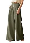 chouyatou Women's Summer High Waisted Cotton Linen Palazzo Wide Leg Casual Pants with Pockets, Green, Medium