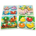 Funsland Wooden Puzzles Jigsaw Toys for 1 Year Old，4 Pcs Toddler Peg Puzzles Toys, Baby Wooden Montessori Toys, Infant Kid Fine Motor Skill Learning Educational Toys Gifts for 1 2 3 Years Old